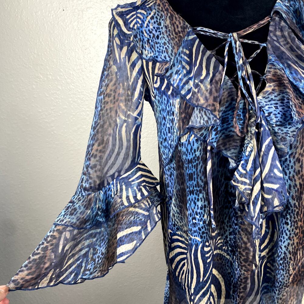 Metric Animal Print Whimsigoth Avant Garde LaceUp Boho Ruffle Flowy Blouse Dress - Picture 11 of 14
